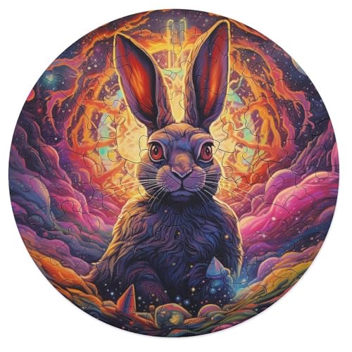 Jigsaw Puzzle Art Rabbits 68 teiliges Puzzle aus Holz rund für Erwachsene und Kinder ab 12 Jahren lustiges Familienpuzzle 20 x 20 cm von zouxangzz