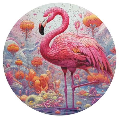 Puzzle 195 Teile für Erwachsene Kunst Psychedelisches Flamingo Familienpuzzle für Erwachsene Holzrunde Puzzles Lernspiel Herausforderungsspielzeug 42x42cm von zouxangzz