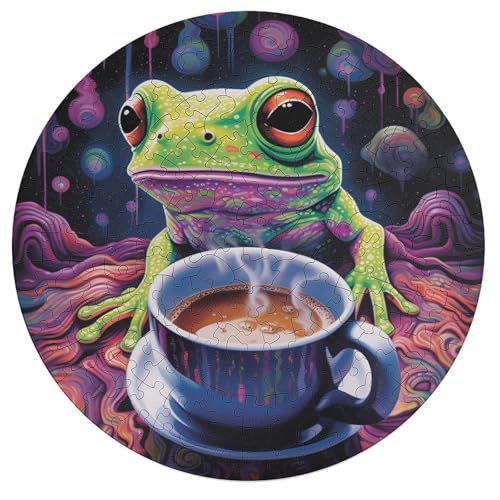 Puzzle 195 Teile für Erwachsene Kunst Tier Frosch Familienpuzzle für Erwachsene Holzrunde Puzzles Lernspiel Herausforderungsspielzeug 42x42cm von zouxangzz