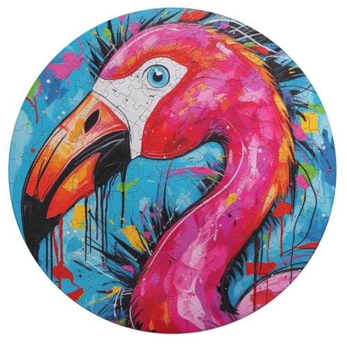 Puzzle 195 Teile für Erwachsene Kunst psychedelisches Flamingo Puzzle für Erwachsene runde Holzpuzzles Familienspiele Weihnachts und Geburtstagsgeschenke 42 x 42 cm von zouxangzz