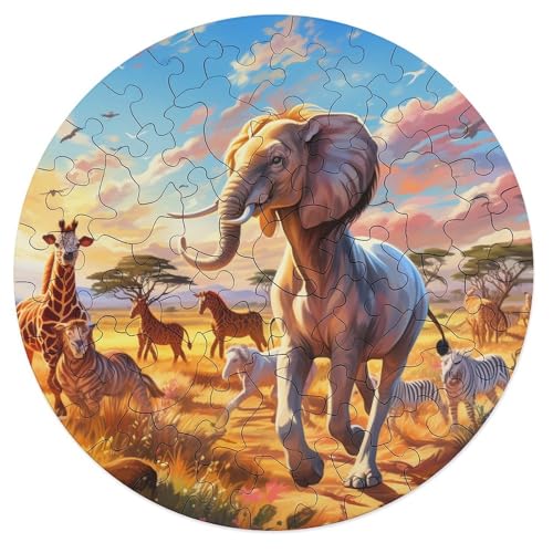 Puzzle 68 Teile für Erwachsene und Kinder von African Animals. Puzzle für Erwachsene. Rundes Holzpuzzle. Tolle Geschenke für Weihnachten. 20 x 20 cm von zouxangzz