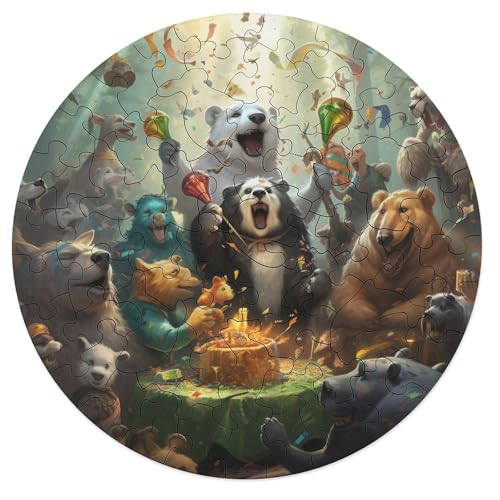 Puzzle für Erwachsene 68 teiliges Tierparty Puzzle Geschenk rundes Holzpuzzle Lernspiel Herausforderungsspielzeug 20 x 20 cm von zouxangzz