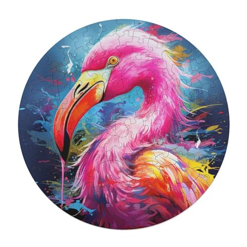 Puzzle für Erwachsene Art Psychedelic Flamingo 120 teiliges Puzzle rundes Holzpuzzle für Erwachsene und Kinder ab 12 Jahren Familienpuzzlespiel 29 x 29 cm von zouxangzz