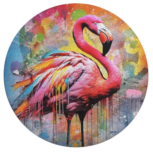 Puzzle für Erwachsene Art Psychedelic Flamingo 195 teiliges Puzzle rundes Holzpuzzle für Erwachsene und Kinder ab 12 Jahren Familienpuzzlespiel 42 x 42 cm von zouxangzz