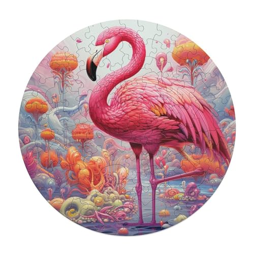 Puzzle für Erwachsene Kunst Psychedelischer Flamingo 120 teiliges Puzzle rundes Holzpuzzle für Erwachsene und Kinder ab 12 Jahren Heimdekorationspuzzle 29 x 29 cm von zouxangzz