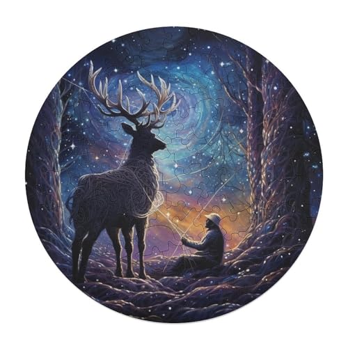 Puzzle für Erwachsene Sternennacht Hirsch 120 teiliges Puzzle rundes Holzpuzzle für Erwachsene und Kinder ab 12 Jahren entspannendes geistiges und pädagogisches Spielzeug 29 x 29 cm von zouxangzz