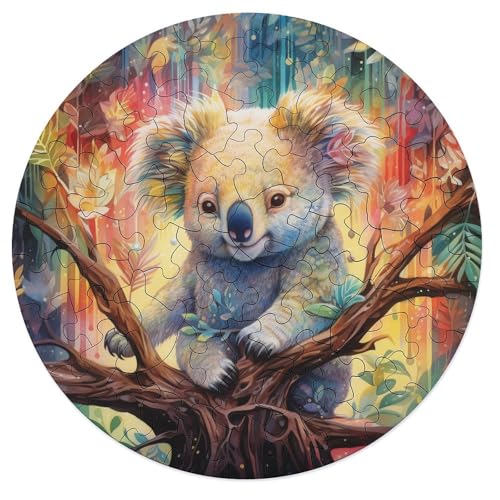 Puzzle für Erwachsene farbenfrohes Kunst Koala Puzzle 68 Teile rundes Holzpuzzle für Erwachsene und Familien anspruchsvolles Spiel 20 x 20 cm von zouxangzz