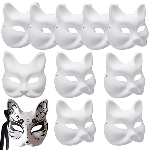 10 Stück Katzenmasken zum Bemalen, Therian Mask, Fuchs Maske, Fuchsmasken, Weißes DIY Tiermasken zum Anmalen, Unbemalte DIY Papier Maske für Halloween Cosplay Maskerade Party Maskenball Masken von zrfgbxim