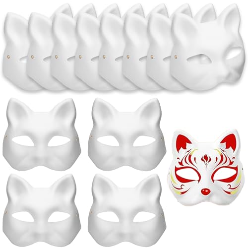 zrfgbxim 12 Stück Katzenmasken, Therian Mask, Fuchs Maske, Weißes DIY Masken zum Anmalen, DIY Papier Maske, Leere Cat Mask für Halloween Cosplay Maskerade Party Maskenball Masken Unbemalte Stütze von zrfgbxim