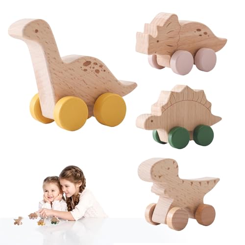 Baby Dinosaur Car Toys | Wooden Dinosaur Car | Wooden Dinosaur Toys, 4 Wooden Dinosaur Toys, & Pull Dinosaurs Car Set, Toddler Wooden Dinosaur, Safe Wooden Toys for von zwxqe