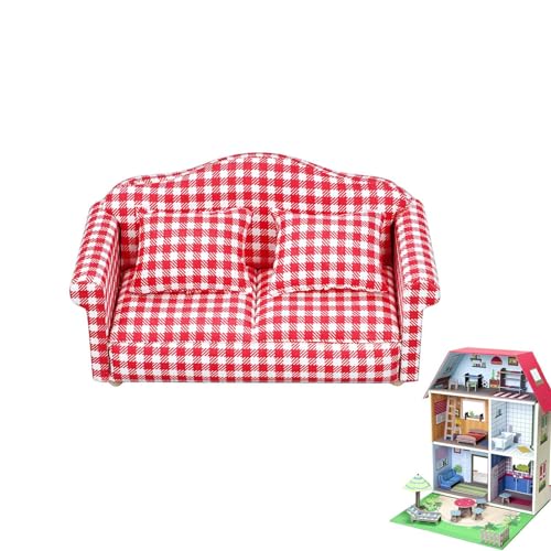 Miniatur-Sofa, 1/12 Maßstab Couch, Puppensofa mit Kissen, hohe Simulationsmöbel, realistische rote Karierte Möbel, Sofa-, Miniatur-Couch-Spielzeug, Sammlersofa von zwxqe