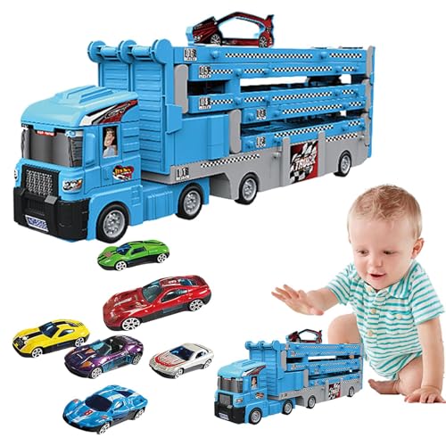 Pista De Carros Para Niños, Autoträger LKW Spielzeug, Faltbare Hauler Track Auswurfauto, Träger LKW Transport Auto Spielzeug, 2,8 m Rennbahn Spielzeug, Metall Spielzeug Fahrzeuge für Kinder, von zwxqe