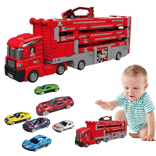 Pista De Carros Para Niños, Autoträger LKW Spielzeug, Faltbare Hauler Track Auswurfauto, Träger LKW Transport Auto Spielzeug, 2,8 m Rennbahn Spielzeug, Metall Spielzeug Fahrzeuge für Kinder, von zwxqe