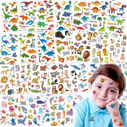 zycBernoi Tattoo Jungen 400+ Muster Kindertattoos Set, Tiere, Dinosaurier, Ocean Hautfreundliche Tattoos, Perfekt für Kindergeburtstag Party Mitgebsel von zycBernoi