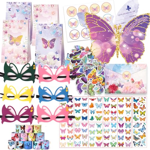 zycBernoi 110 Stück Schmetterling Party Mitgebsel Kindergeburtstag Mädchen Tüten Kindergeburtstag Einladungskarte Mask Schnapparmband Kinder Tattoos Aufkleber von zycBernoi