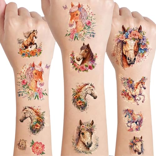 zycBernoi 2024 Neues Design für Glitzer Pferde Tattoo, Hautfreundliche Glitzer Pferde Tattoos Jungen Mädchen Wasserdicht Kindertattoos Sticker, Pferde Mädchen Geschenk von zycBernoi