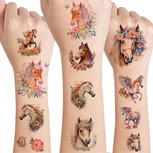 zycBernoi 2024 Neues Design für Pferde Tattoos, Pferde Temporäre Kinder Tattoo Aufkleber für Jungen Mädchen Wasserdicht Kindertattoos Sticker, Pferde Jungen Mädchen Geschenk von zycBernoi