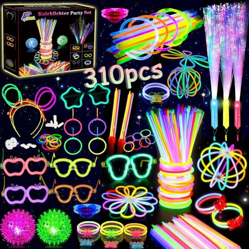 zycBernoi 310 Stück Knicklichter Party Set, LED Leuchtstab Glasfzaser mit 150 Verbinder, LED Igelball, Leuchtstäbe, Brille, Armreif, Leuchtspielzeug für Kinder Erwachsene Party Deko von zycBernoi