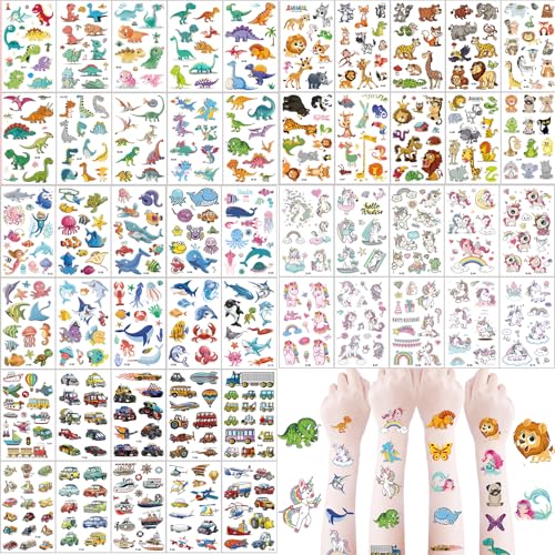 zycBernoi 500+ Tattoos Kinder Set Mädchen Jungen Dinosaurier Tiere Einhorn Ozean Rennwagen Klebetattoos Perfekt für Kindergeburtstag Party Mitgebsel Hautfreundliche Temporäre Kindertattoos von zycBernoi