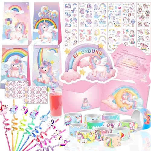 zycBernoi Einhorn Party Mitgebsel, Gastgeschenke Kinder Einhorn Deko Einhorn Party Set mit Tüteng, Einladungskarten, Strohhalme, Schnapparmband und Tattoos für Mädchen Einhorn Party von zycBernoi