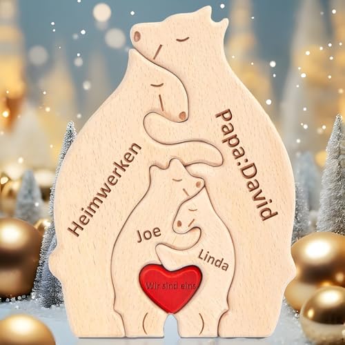 Personalisiertes Holzkunstpuzzle der Bärenfamilie mit 2-7 Namen Graviert, Holz Bär Skulpturen Desktop Ornament Home Tischdekoration, Geschenk für Familie,Weihnachten Geschenk für Mama,Papa von zyinoant