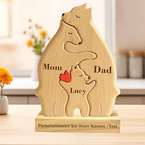 Personalisiertes Holzkunstpuzzle der Bärenfamilie mit 2-7 Namen Graviert, Skulpturen Desktop Ornament Home Tischdekoration, Geschenk für Familie, Mama, Papa (1Pcs-2 Bären) von zyinoant