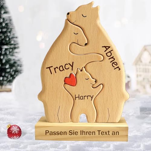 Personalisiertes Holzkunstpuzzle der Bärenfamilie mit 2-7 Namen Graviert, Skulpturen Desktop Ornament Home Tischdekoration,Geschenk für Familie,Weihnachten Geschenk für Kinder,Mama,Papa (1Pcs-2 Bären) von zyinoant